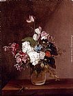 Vase Canvas Paintings - Still Life With Garden Flowers In A Glass Vase And A Dragonfly